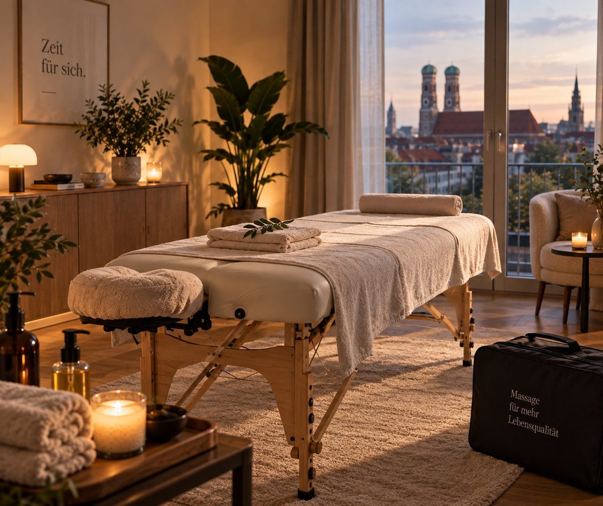 Vorbereiteter Wohnraum mit Massagetisch, Handtüchern und warmem Abendlicht
