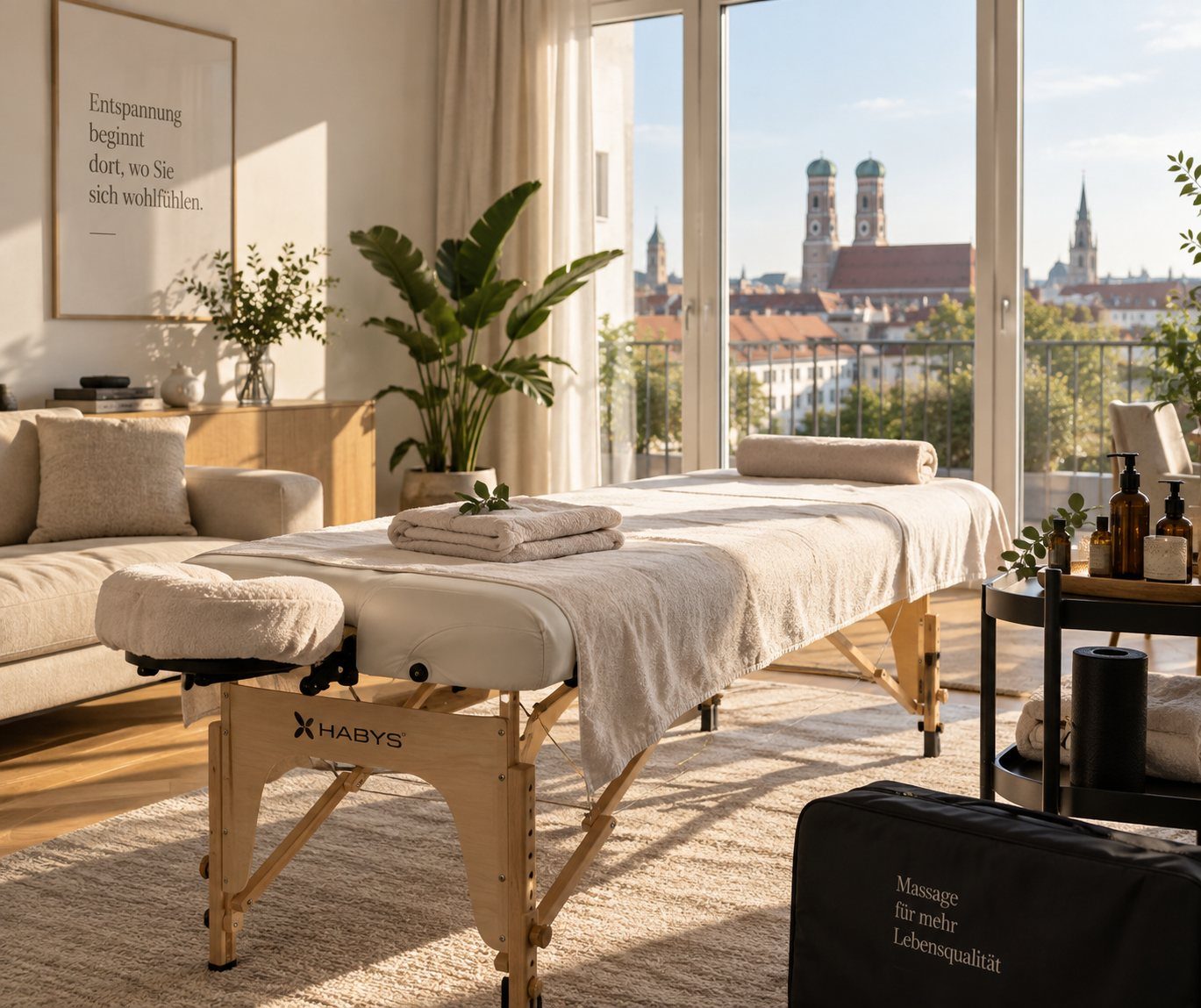 Aufgebauter Massagetisch in einer hellen Münchner Wohnung, im Fenster die Türme der Frauenkirche