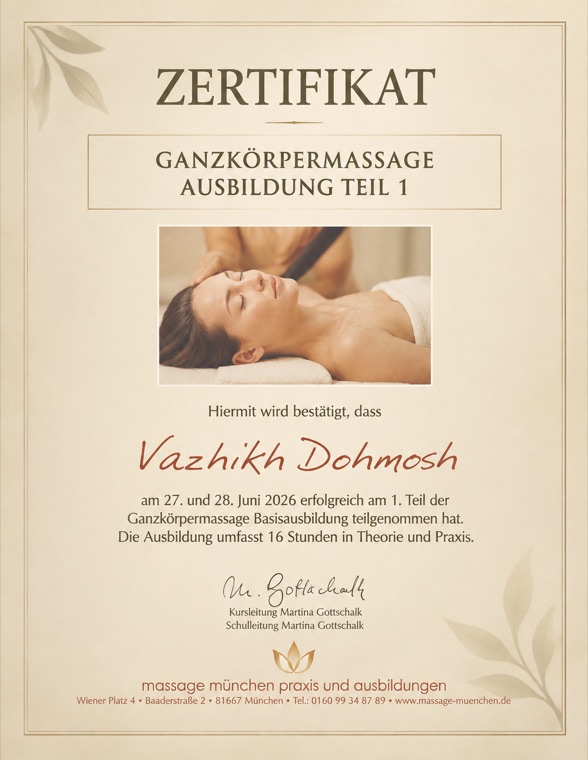 Zertifikat über die Ganzkörpermassage Ausbildung Teil 1, 16 Stunden, Juni 2026