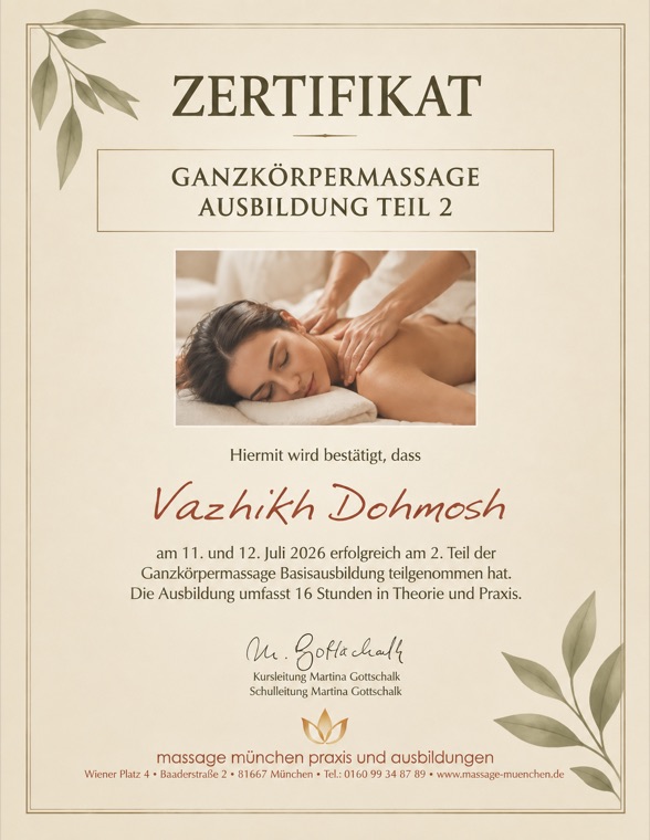 Zertifikat über die Ganzkörpermassage Ausbildung Teil 2, 16 Stunden, Juli 2026